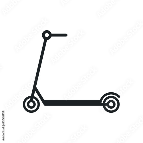 Black kick scooter or balance bike icon. Flat push scooter isolated on white