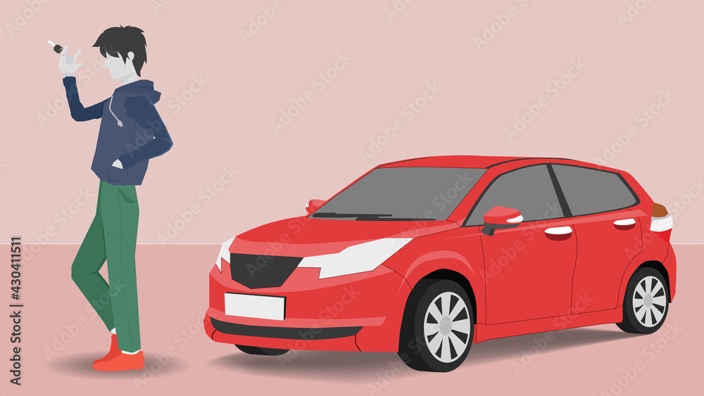 Man stand front car and show the car keys that are wielding in hand Luxury car red color in showroom.