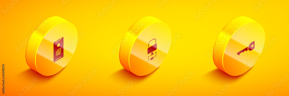 Set Isometric Mobile with fingerprint scan, Key broke inside of padlock and icon. Vector Set Isometric Mobile with fingerprint scan, Key broke inside of padlock and icon. Vector