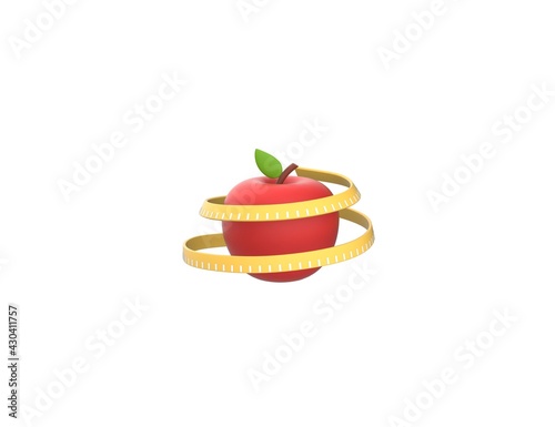 Red apple with measure tape or meter. 3D render model isolated white background.