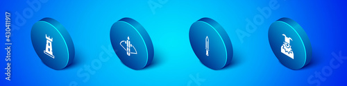 Set Isometric Castle tower, Medieval sword, Joker head and Battle crossbow with arrow icon. Vector