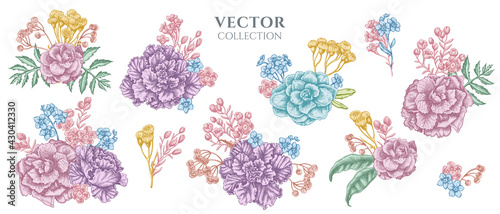 Flower bouquet of pastel wax flower, forget me not flower, tansy, ardisia, brassica, decorative cabbage