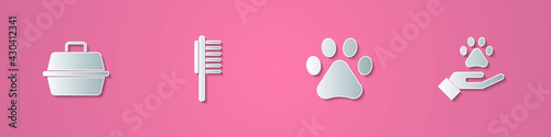 Set paper cut Pet carry case, Pets vial medical, Paw print and Hands with animals footprint icon. Paper art style. Vector