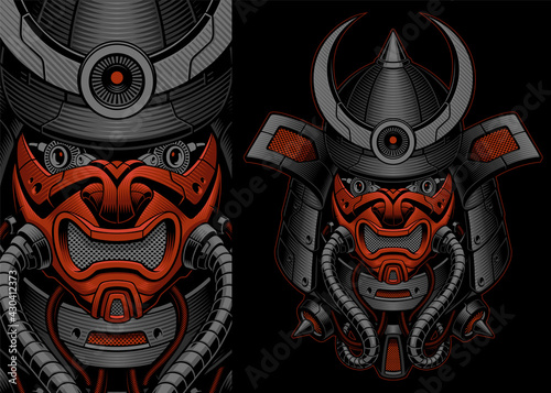 a vector illustration of a samurai robot with pipes and different mechanisms, this design is perfect only as a shirt print.