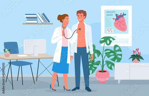 Cardiology medicine appointment, doctor cardiologist woman with stethoscope and patient