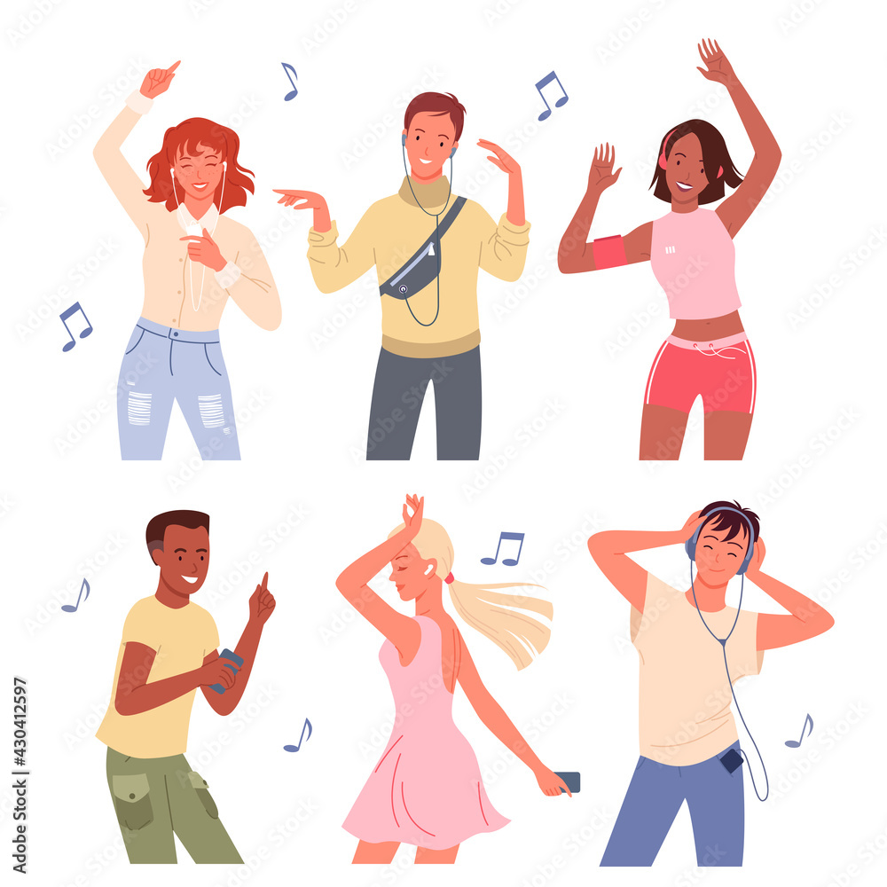 Cartoon young happy man and woman group of dancer characters listen to music with headphones and dance, crowd of friends on dance party isolated on white, dancing people. Cartoon young happy man and woman group of dancer characters listen to music with headphones and dance, crowd of friends on dance party isolated on white, dancing people.