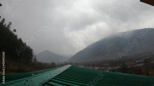 4K Time lapse shot of the monsoon clouds above the snow covered mountains at Manali, Himchal Pradesh, India photo