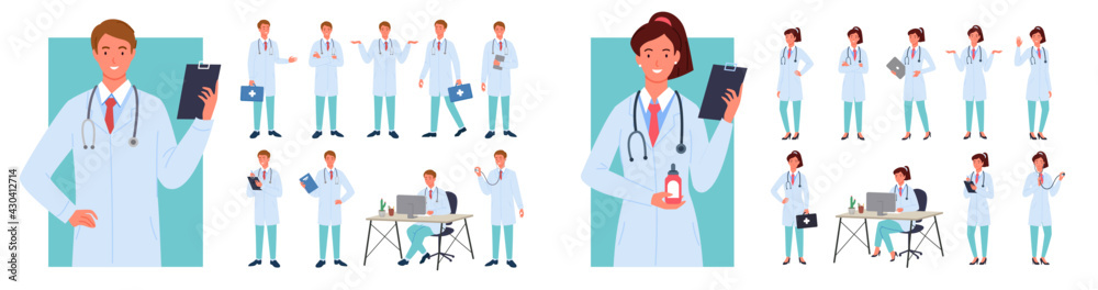 Fototapeta premium Cartoon young woman man characters in hospital uniform standing, physician doctor or consultant therapist working isolated on white. Male female doctors poses vector illustration infographic set.