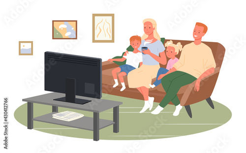 Happy family watch tv or movies, sit on home couch, mother character drinking coffee
