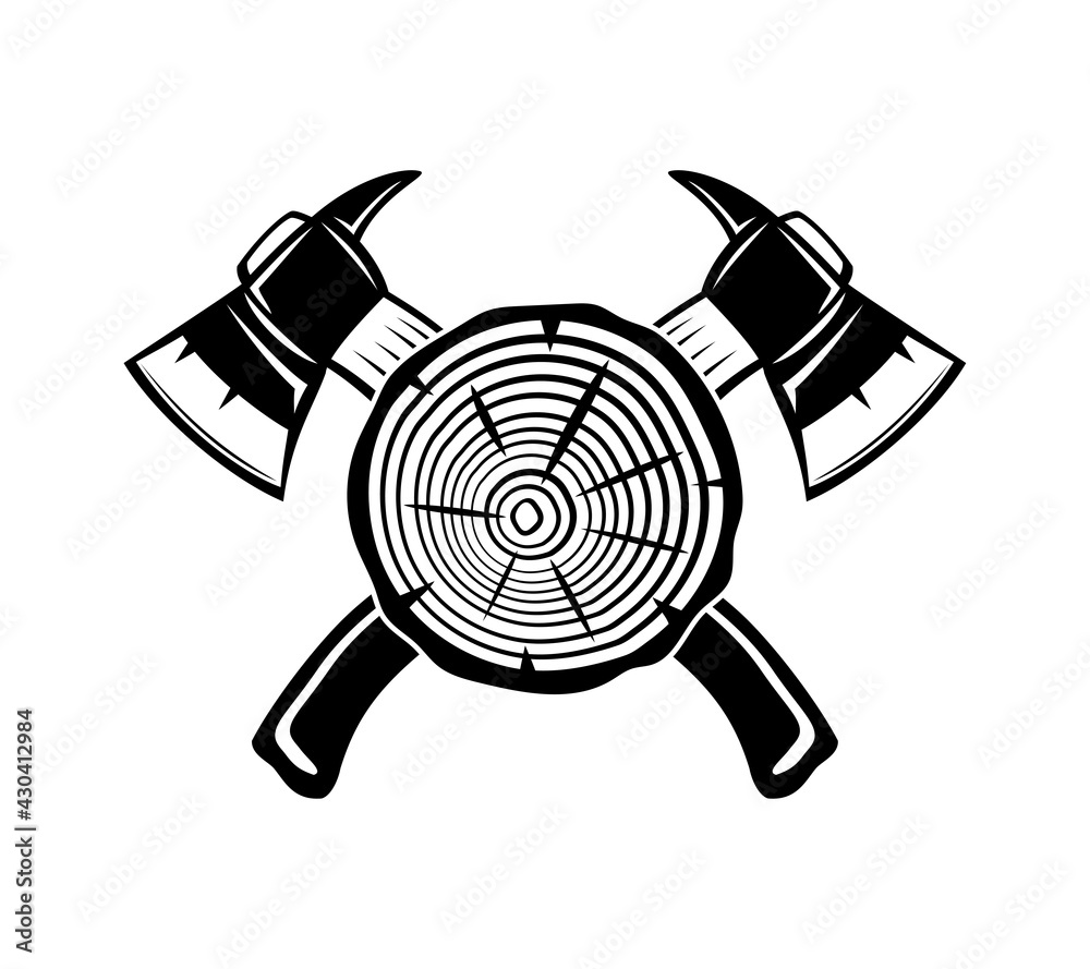 Illustration with two crossed axes and wooden element on white background. Illustration with two crossed axes and wooden element on white background.