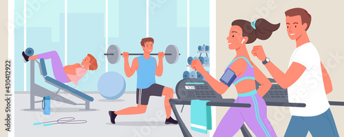 People doing sports workout in gym, active young sportive woman man run on treadmill