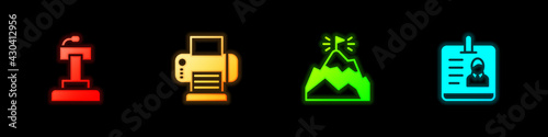 Set Stage stand or tribune, Printer, Mountains with flag and Identification badge icon. Vector