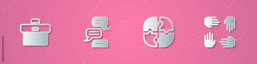 Set paper cut Briefcase, Speech bubble chat, Piece of puzzle and Project team base icon. Paper art style. Vector Set paper cut Briefcase, Speech bubble chat, Piece of puzzle and Project team base icon. Paper art style. Vector
