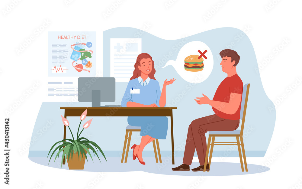 Nutritionist doctor examination, conversation in hospital. Cartoon dietitian woman and man patient characters talk about healthy diet, sugar free health food isolated on white.
