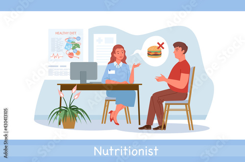Nutrionist doctor examination, conversation in hospital, dietitian woman and man patient
