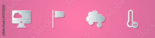 Set paper cut Weather forecast, Cone windsock wind vane, Cloud with rain and Meteorology thermometer icon. Paper art style. Vector