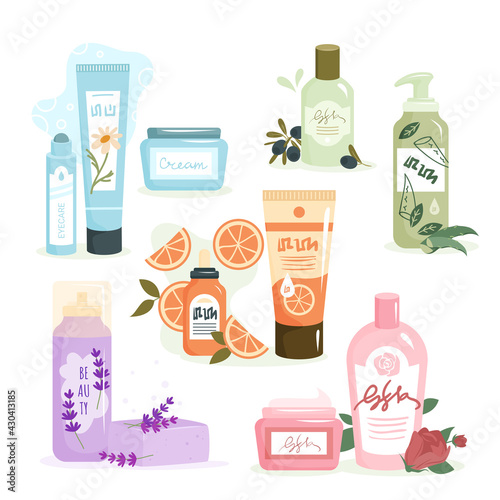 Eco cosmetics for skin care vector illustration. Cartoon organic shampoo aroma cleanser container, packaging with herbal facial cream, shower gel to clean hair or body, cosmetology isolated on white