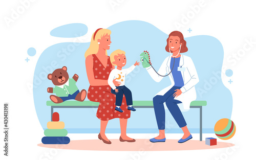 Happy family on pediatrician checkup, doctor woman and kid boy patient playing together