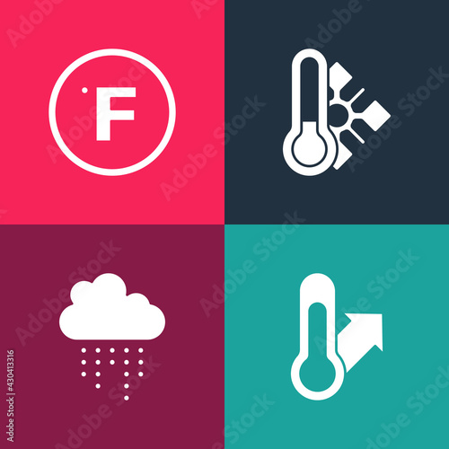 Set pop art Meteorology thermometer, Cloud with rain, and Fahrenheit icon. Vector