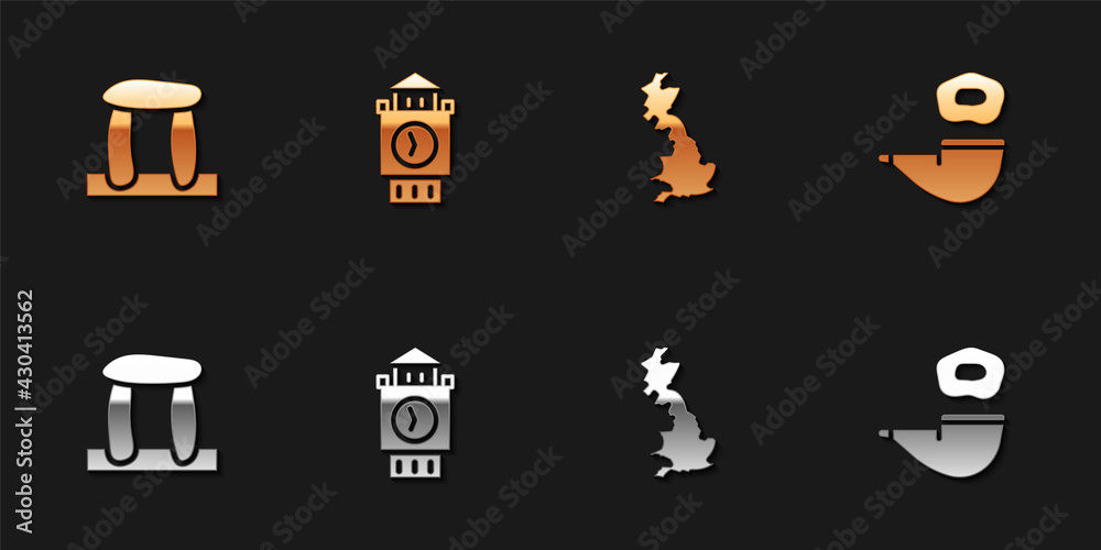Set Stonehenge, Big Ben tower, England map and Smoking pipe icon. Vector