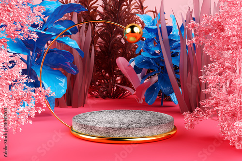 3D Illustration eines Podestes für Mockups und Produktpräsentationen umrahmt von bunt lackierten Pflanzen