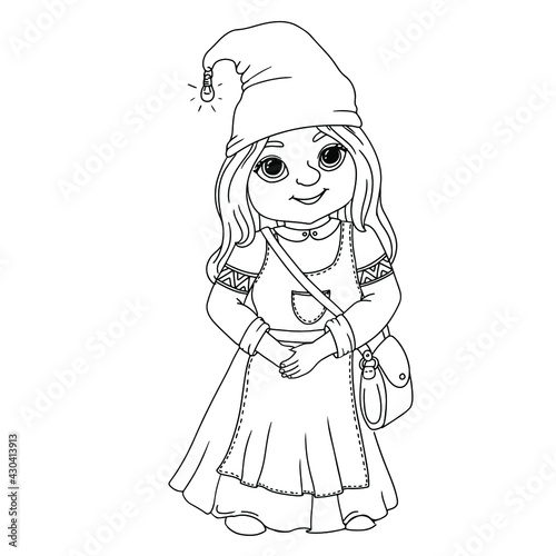 Cute garden gnome girl. Coloring book with gnomes. A magical creature. The girl is a herbalist. Vector illustration isolated on white background.