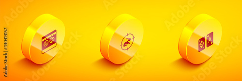 Set Isometric Shooting gallery, Hunt on rabbit with crosshairs and Tarot cards icon. Vector