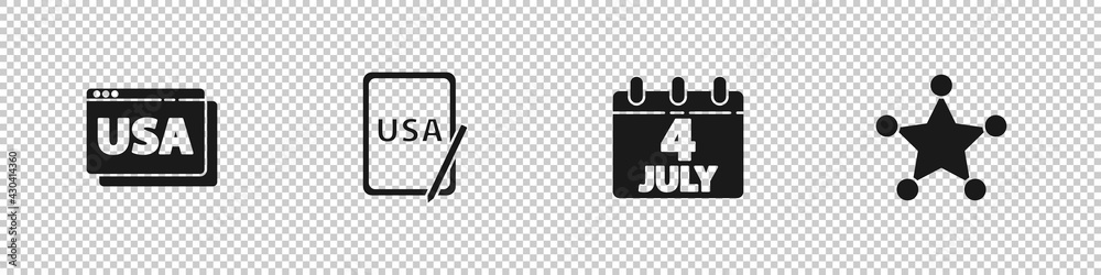 Set USA on browser, graphic tablet, Calendar with date July 4 and Hexagram sheriff icon. Vector Set USA on browser, graphic tablet, Calendar with date July 4 and Hexagram sheriff icon. Vector