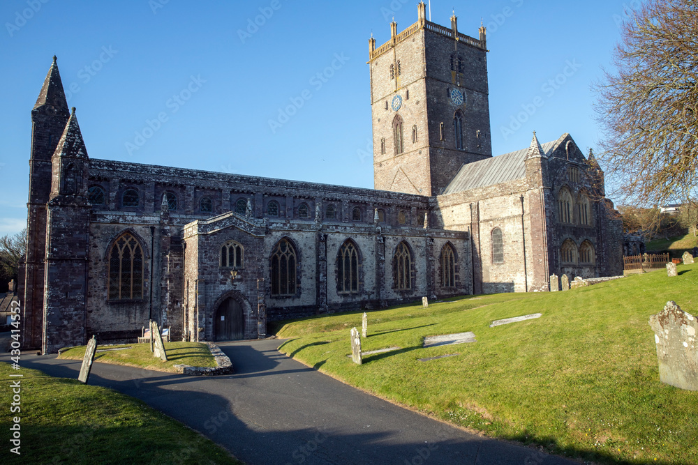 The exterior of St Davids cathedral in the city of St Davids, Pembrokeshire, Wales