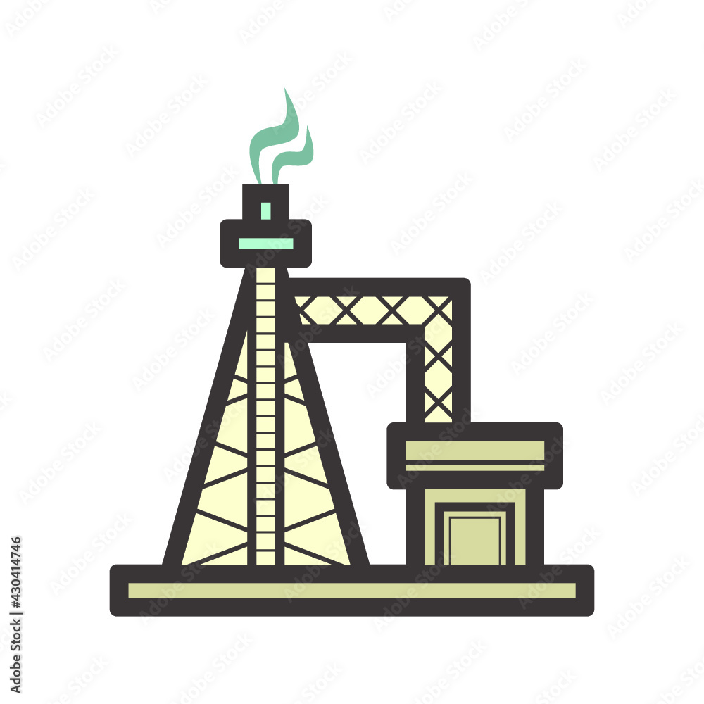 Gas flare or flare stack vector icon. Torch device with fire flame, burner, tower for burning gas from petroleum refinery in factory, petrochemical plant and offshore rig. That power energy industry.