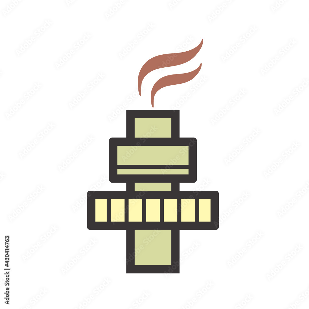 Gas flare or flare stack vector icon. Torch device with fire flame, burner, tower for burning gas from petroleum refinery in factory, petrochemical plant and offshore rig. That power energy industry. Gas flare or flare stack vector icon. Torch device with fire flame, burner, tower for burning gas from petroleum refinery in factory, petrochemical plant and offshore rig. That power energy industry.