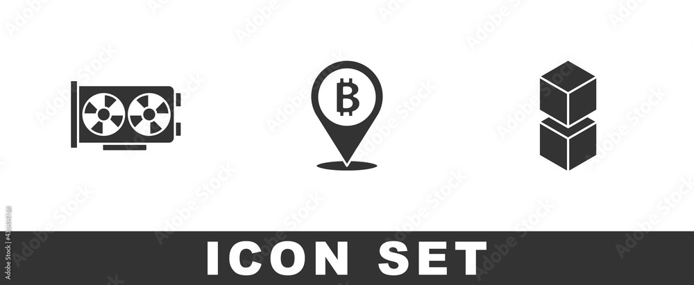 Set Video graphic card, Bitcoin and Blockchain technology icon. Vector Set Video graphic card, Bitcoin and Blockchain technology icon. Vector