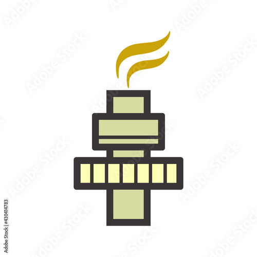 Gas flare or flare stack vector icon. Torch device with fire flame, burner, tower for burning gas from petroleum refinery in factory, petrochemical plant and offshore rig. That power energy industry.