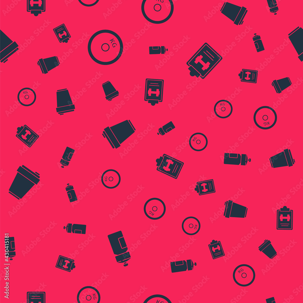 Set Fitness shaker, Weight plate, and Sport training program on seamless pattern. Vector Set Fitness shaker, Weight plate, and Sport training program on seamless pattern. Vector