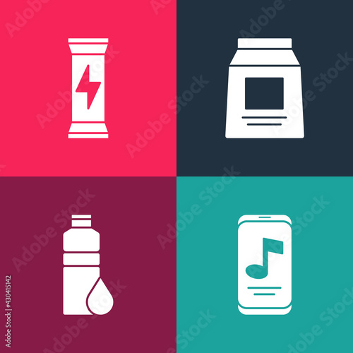 Set pop art Music player, Fitness shaker, Sports nutrition and icon. Vector