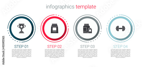 Set Award cup, Sports nutrition, and Dumbbell. Business infographic template. Vector