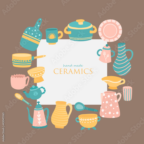 Hand drawn textured colorful kitchen cartoon ceramic tableware set vector card