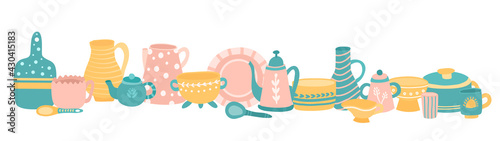 Hand drawn textured colorful kitchen cartoon ceramic tableware set vector.