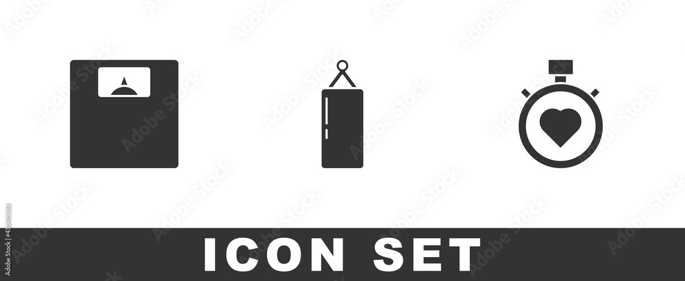 Set Bathroom scales, Punching bag and Heart the center stopwatch icon. Vector Set Bathroom scales, Punching bag and Heart the center stopwatch icon. Vector