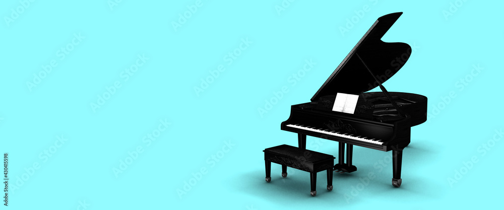 Black grand piano on a turquoise background panoramic 3d render Black grand piano on a turquoise background panoramic 3d render