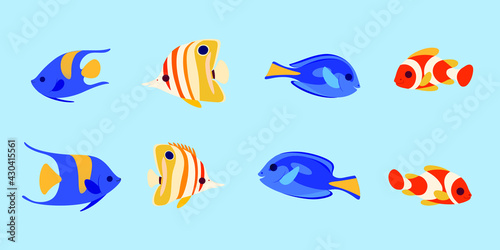 Group of fishes - coral fishes isolated on blue background. Clown fish, butterfly fish, fish surgeon and moorish idol fish. Vector illustration in colorful style.