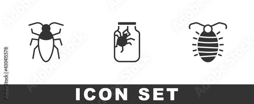 Set Cockroach, Spider in jar and Larva insect icon. Vector