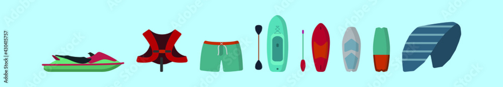 set of water sports cartoon icon design template with various models. vector illustration isolated on blue background
