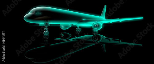 Bright neon green glow on a modern airline plane demonstrating carbon neutral travel concept 3d render