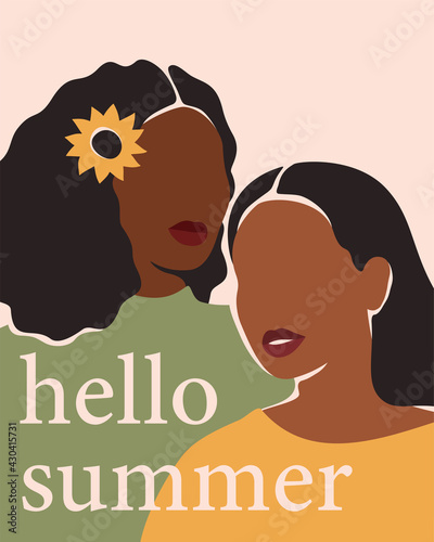 Poster Summer women with dark skin stand together. African American girls with sunflower in the hair. Beauty and fashion concept. Seasonal flat vector illustration.