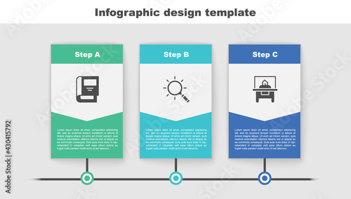 Set History book, Magnifying glass and Glass showcase for exhibit. Business infographic template. Vector