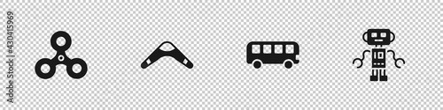 Set Fidget spinner, Boomerang, Bus toy and Robot icon. Vector