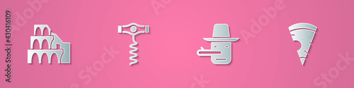 Set paper cut Coliseum in Rome, Wine corkscrew, Pinocchio and Slice of pizza icon. Paper art style. Vector