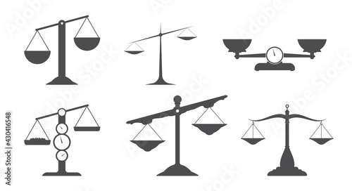 Set of vintage balance scales. Flat style vector illustration isolated on white