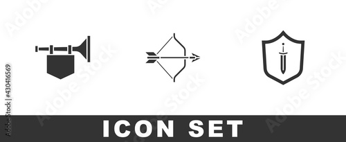 Set Trumpet with flag, Medieval bow and arrow and shield sword icon. Vector